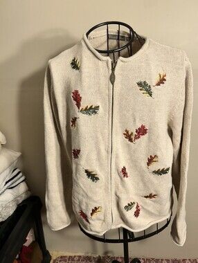size medium womens   knit leaf leaves sweater coat tan zipper up